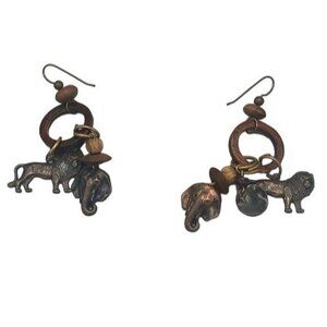 African animals hanging brown earrings hook lion elephant costume jewelry READ
